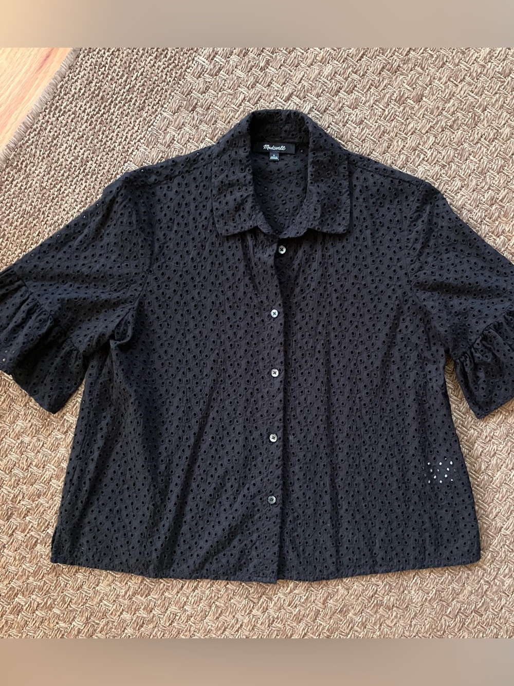 Madewell Black Eyelet Button Up Short Sleeve Top - S 100% cotton!